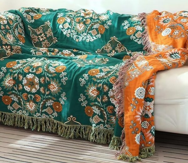 Large Scandi Nordic Reversible Green Floral Cotton Throw Blanket
