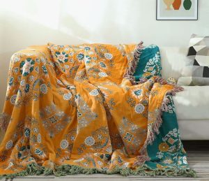 Large Reversible Scandi Nordic Floral Cotton Throw Blanket