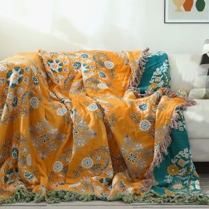 Large Reversible Scandi Nordic Floral Cotton Throw Blanket