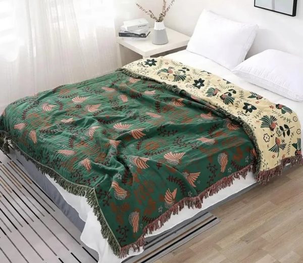 Large Reversible Scandi Nordic Green Cotton Bedspread Throw Bed Blanket