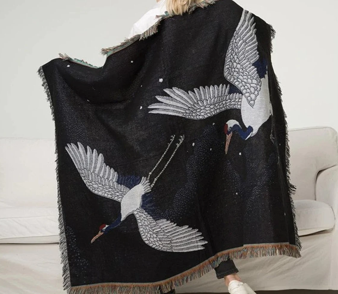 Oriental Japanese Heron Throw Blanket