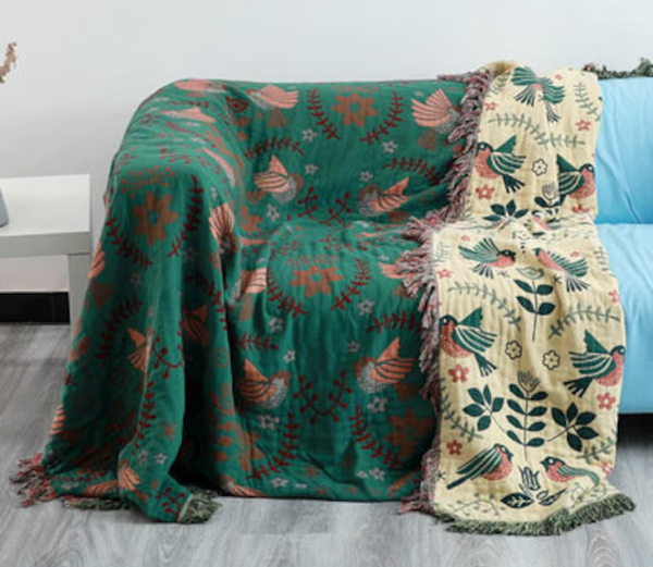 Reversible Green Floral and Bird Throw Blanket