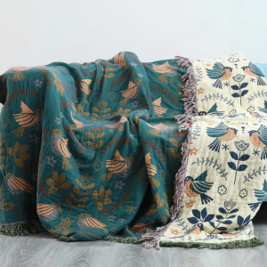 Reversible Teal Blue Floral and Bird Throw Blanket