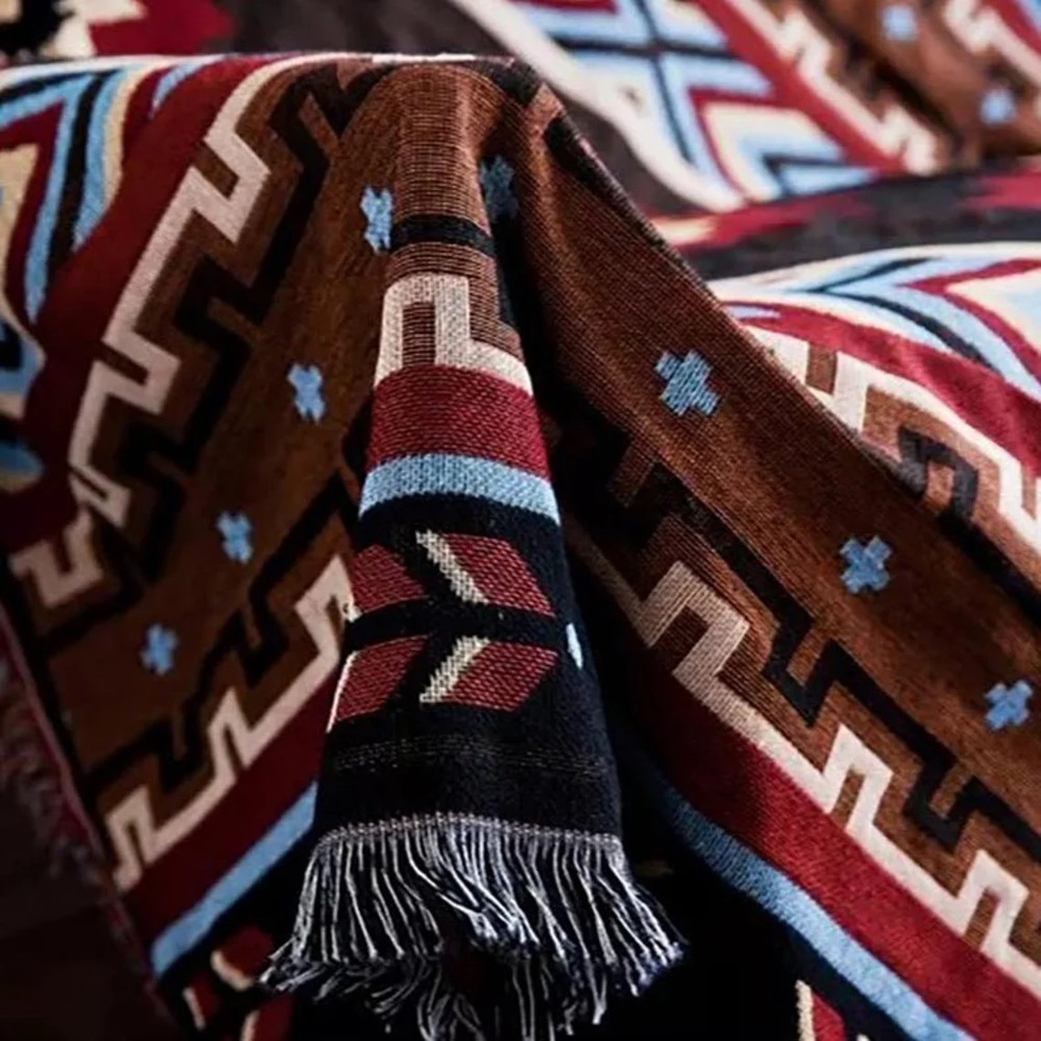 Large Aztec Throw Blanket Boho Throw Woven Tapestry Fringed Sofa Throw - Image 4