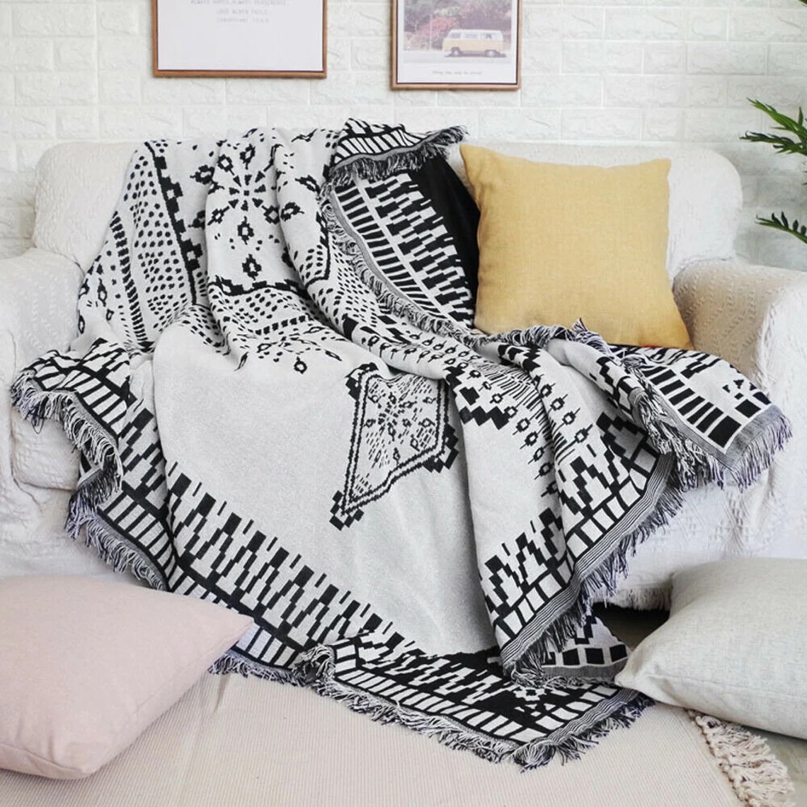 White and Dark Navy Blue Aztec Throw Blanket - Image 3