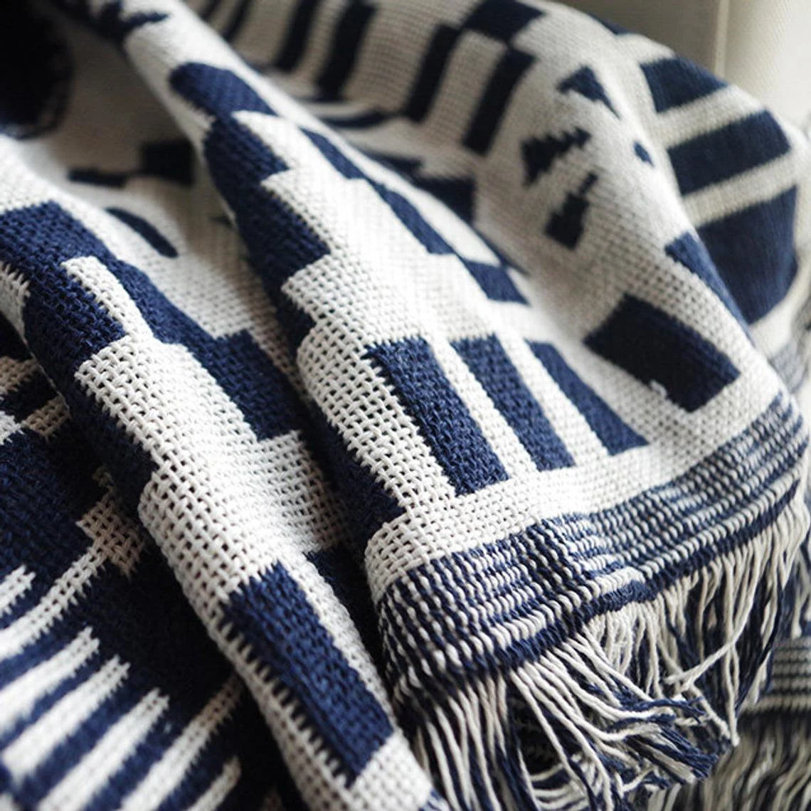 White and Dark Navy Blue Aztec Throw Blanket - Image 5