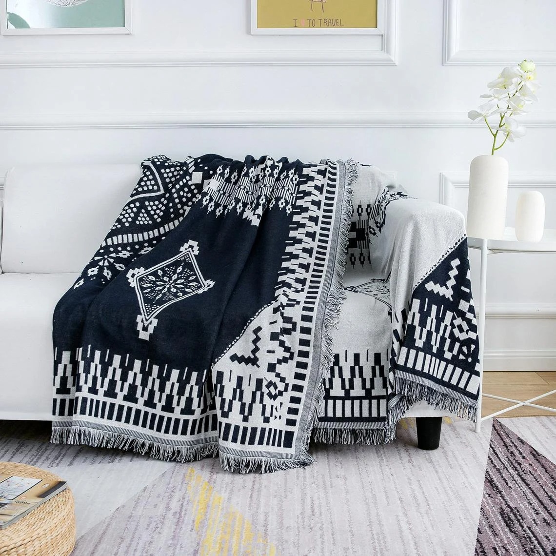 White and Dark Navy Blue Aztec Throw Blanket - Image 6