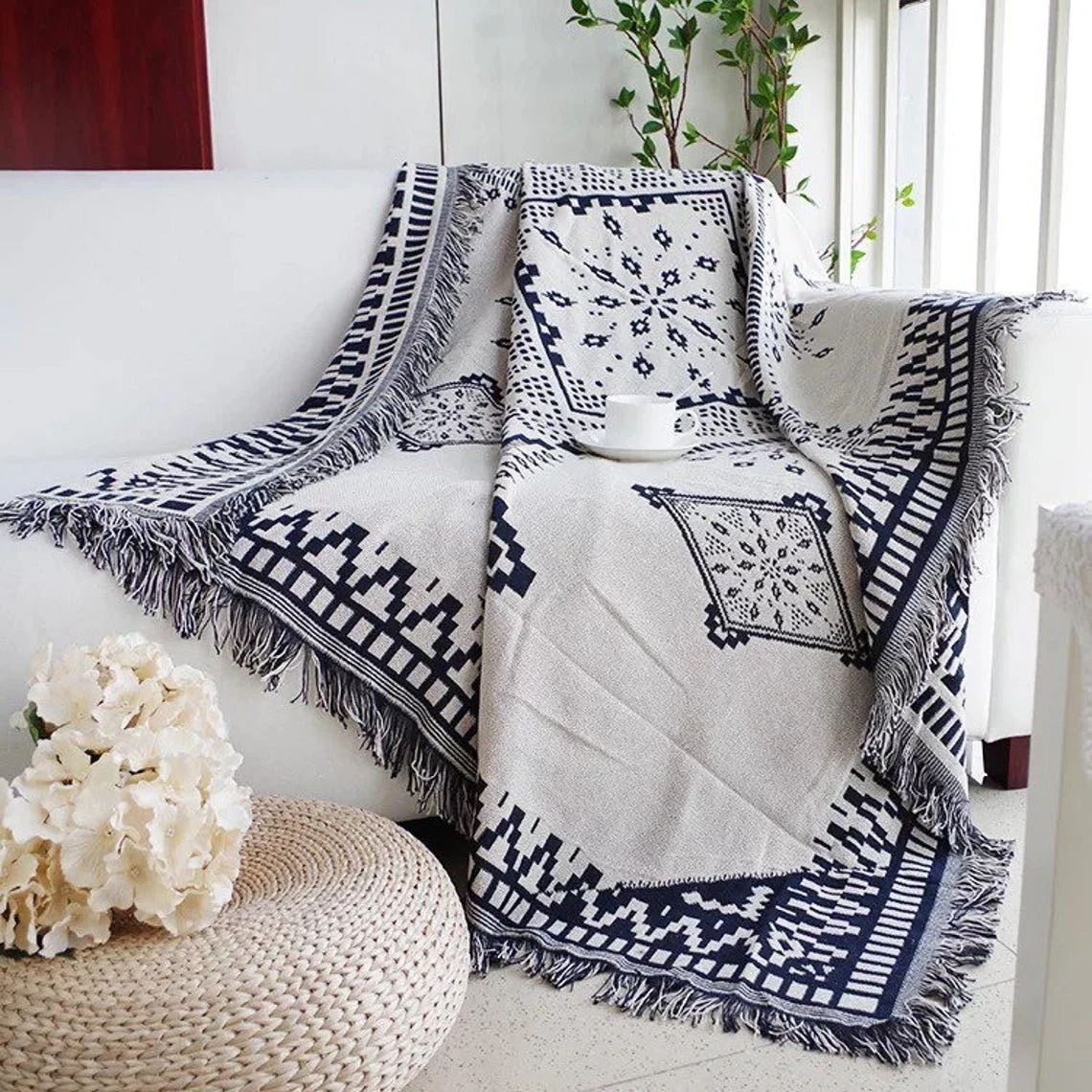 White and Dark Navy Blue Aztec Throw Blanket - Image 2