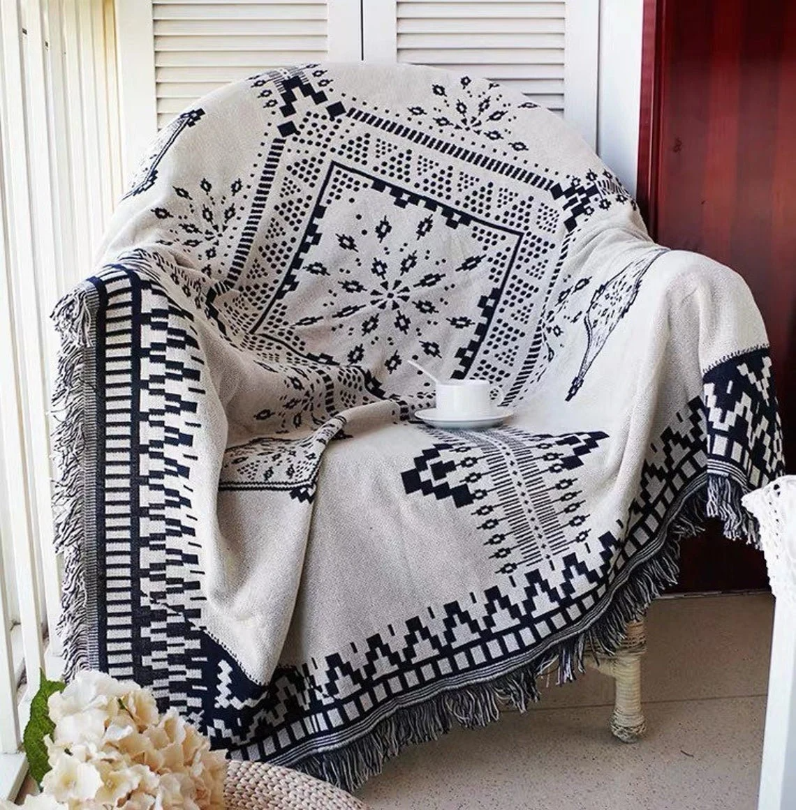 White and Dark Navy Blue Aztec Throw Blanket - Image 8