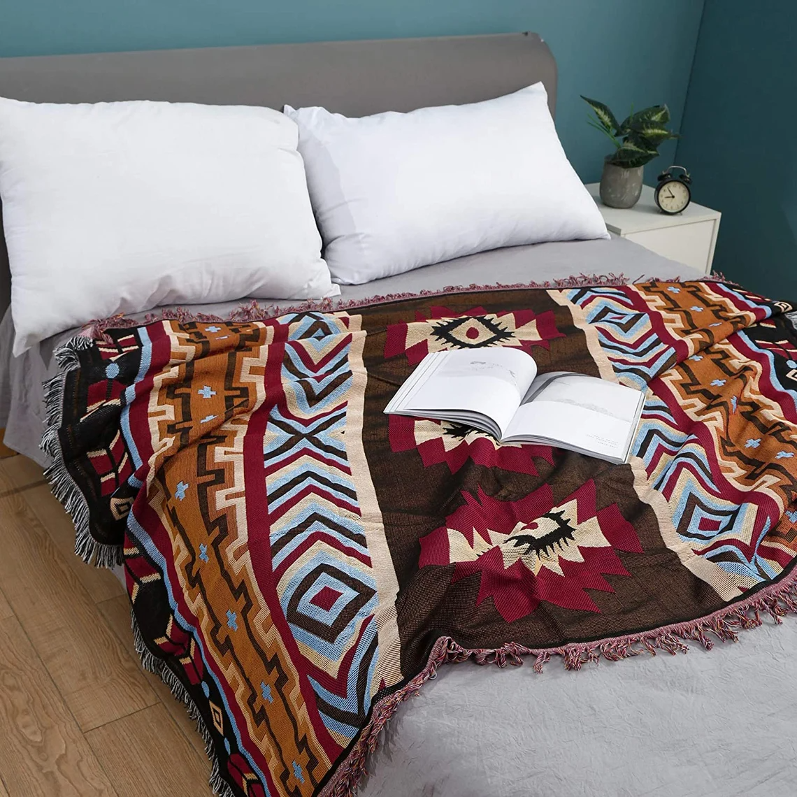 Large Aztec Throw Blanket Boho Throw Woven Tapestry Fringed Sofa Throw - Image 3