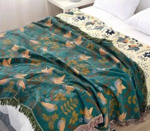 Large Reversible Scandi Nordic Teal Cotton Bedspread Bed Throw Blanket