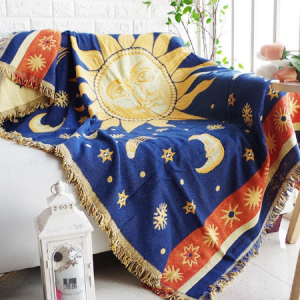 Sun Moon & Stars Celestial Throw Blanket Boho Woven Tapestry