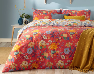 Red Reversible Floral Duvet Cover Set Bedding