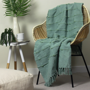 Boho Tufted Blue Green Cotton Throw Blanket