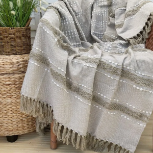 Large Boho Beige Cotton Tufted Throw Blanket