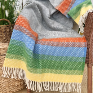 100% Pure New Wool Rainbow and Grey Blanket Throw British Blanket