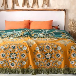 Large Reversible Nordic Scandi Floral Cotton Bedspread Throw Blanket