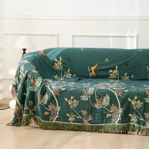 Reversible Teal Blue Floral and Bird Cotton Throw Blanket